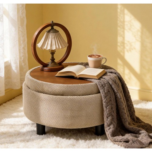 Round storage ottoman camel - round,